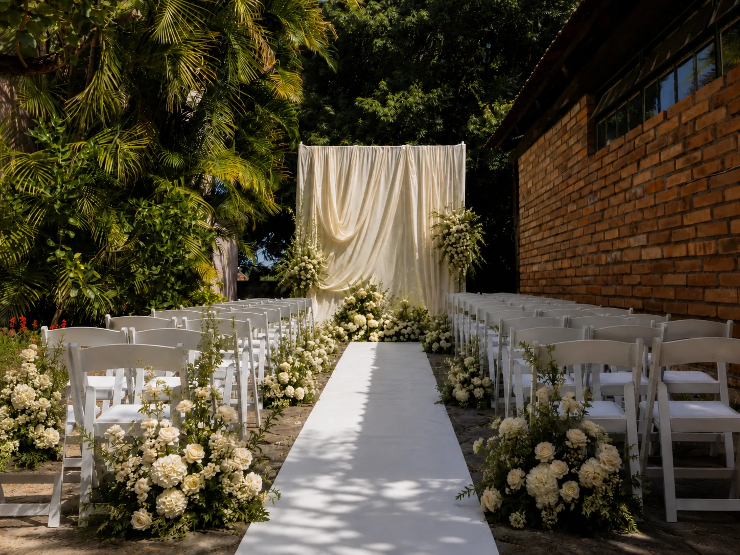 Cerimônia de casamento intimista no pátio da Casa Hamburgo, com cadeiras brancas e arranjos florais