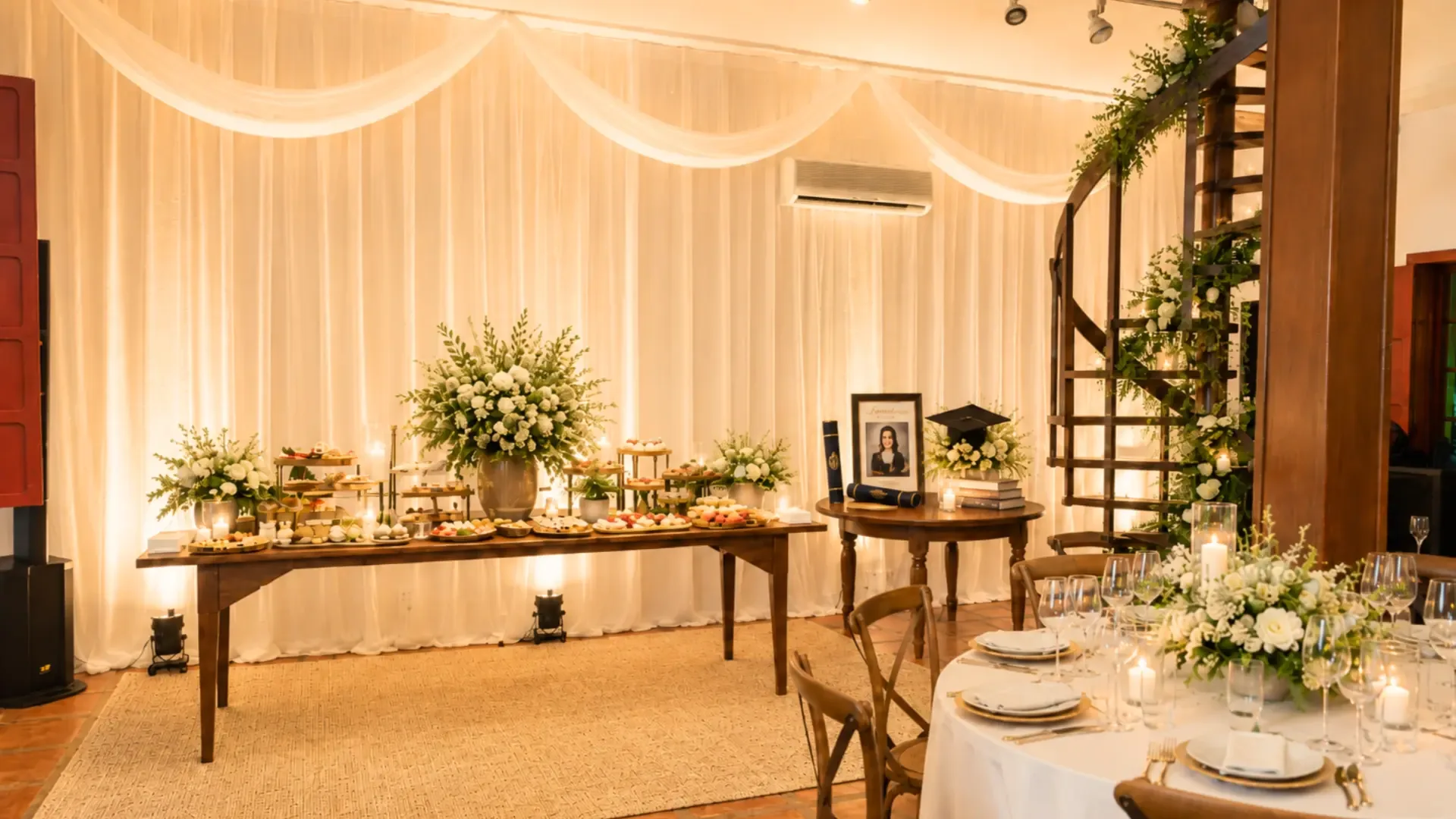 Salão da Casa Hamburgo decorado para uma festa de formatura com mesa de doces e velas